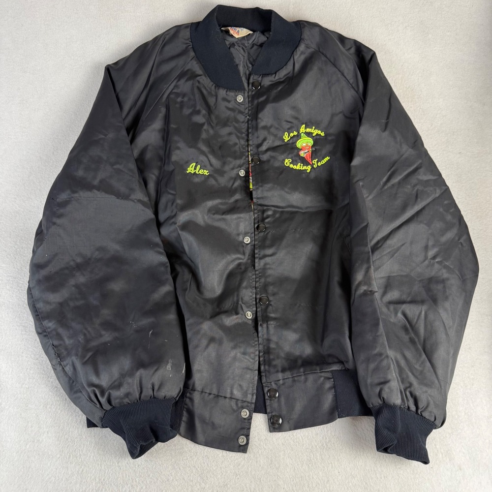 80s Vintage WestArk Los Amigos Team Bomber Jacket Black Satin Mens XL USA